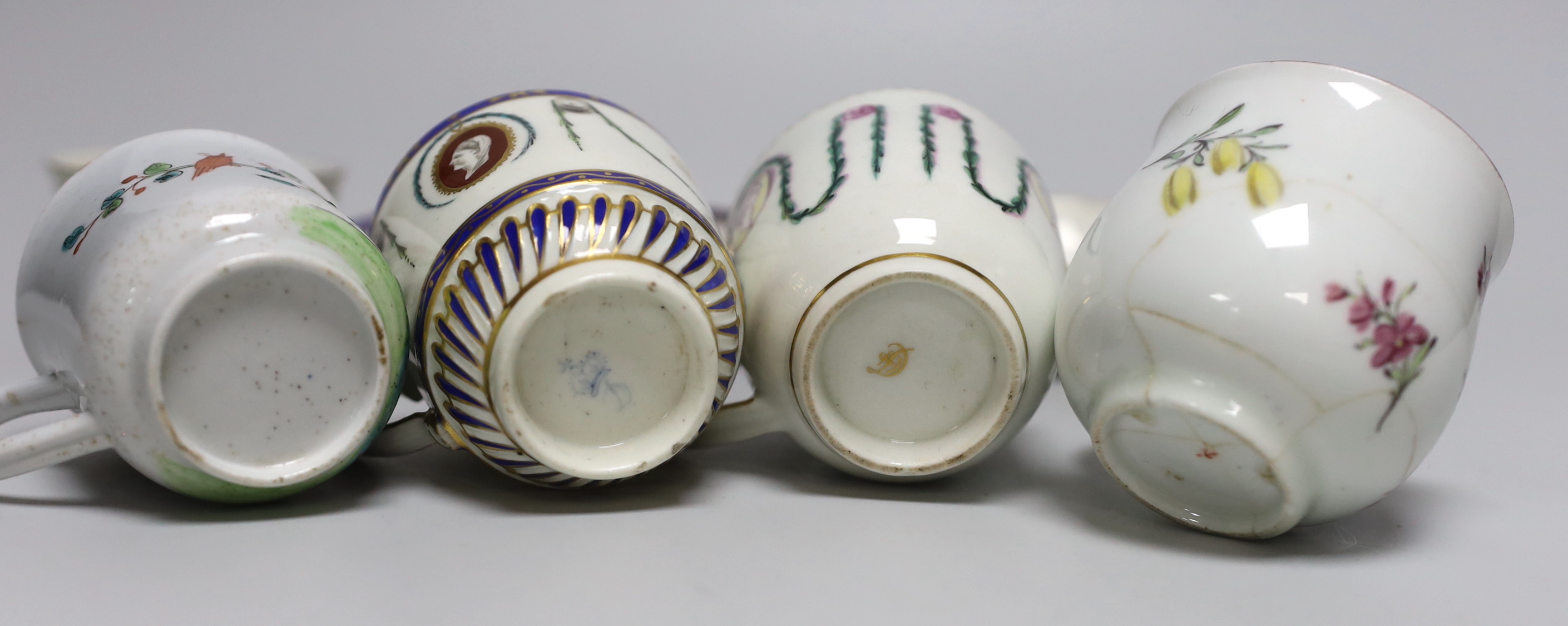 A Chelsea red anchor teabowl and coffee cup, c.1755, a Bow coffee cup, c.1760, a Derby Portrait medallion cup and saucer circa 1785 and a Chelsea-Derby coffee cup and odd saucer